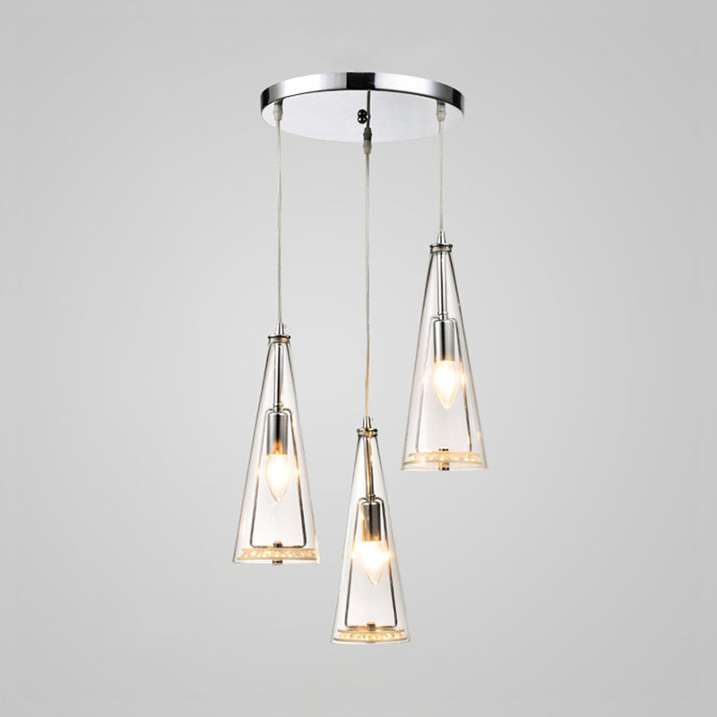 Modern Cone Pendant Lamp Blue/Amber/Clear Glass 3 Lights Hanging Ceiling Light in Chrome with Round/Linear Canopy Clearhalo 'Ceiling Lights' 'Glass shade' 'Glass' 'Modern Pendants' 'Modern' 'Pendant Lights' 'Pendants' Lighting' 771266