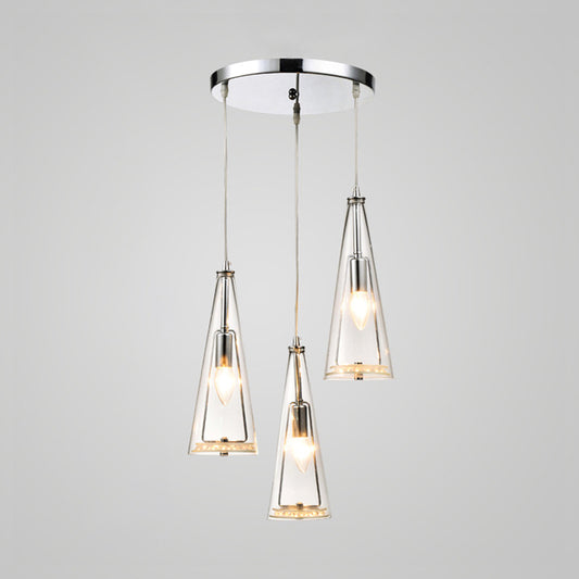 Modern Cone Pendant Lamp Blue/Amber/Clear Glass 3 Lights Hanging Ceiling Light in Chrome with Round/Linear Canopy Clearhalo 'Ceiling Lights' 'Glass shade' 'Glass' 'Modern Pendants' 'Modern' 'Pendant Lights' 'Pendants' Lighting' 771266