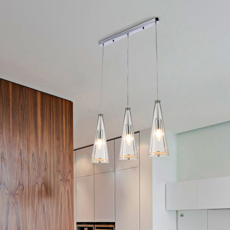 Modern Cone Pendant Lamp Blue/Amber/Clear Glass 3 Lights Hanging Ceiling Light in Chrome with Round/Linear Canopy Clearhalo 'Ceiling Lights' 'Glass shade' 'Glass' 'Modern Pendants' 'Modern' 'Pendant Lights' 'Pendants' Lighting' 771268