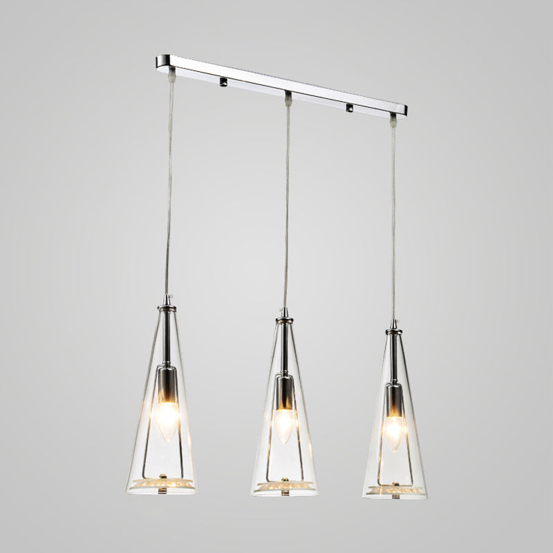 Modern Cone Pendant Lamp Blue/Amber/Clear Glass 3 Lights Hanging Ceiling Light in Chrome with Round/Linear Canopy Clearhalo 'Ceiling Lights' 'Glass shade' 'Glass' 'Modern Pendants' 'Modern' 'Pendant Lights' 'Pendants' Lighting' 771270