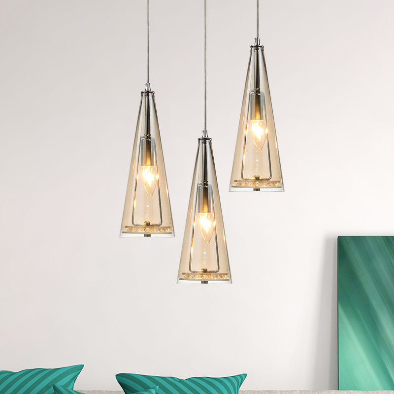 Modern Cone Pendant Lamp Blue/Amber/Clear Glass 3 Lights Hanging Ceiling Light in Chrome with Round/Linear Canopy Amber Round Clearhalo 'Ceiling Lights' 'Glass shade' 'Glass' 'Modern Pendants' 'Modern' 'Pendant Lights' 'Pendants' Lighting' 771271