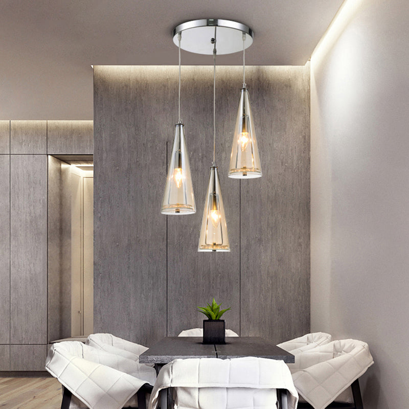 Modern Cone Pendant Lamp Blue/Amber/Clear Glass 3 Lights Hanging Ceiling Light in Chrome with Round/Linear Canopy Clearhalo 'Ceiling Lights' 'Glass shade' 'Glass' 'Modern Pendants' 'Modern' 'Pendant Lights' 'Pendants' Lighting' 771272