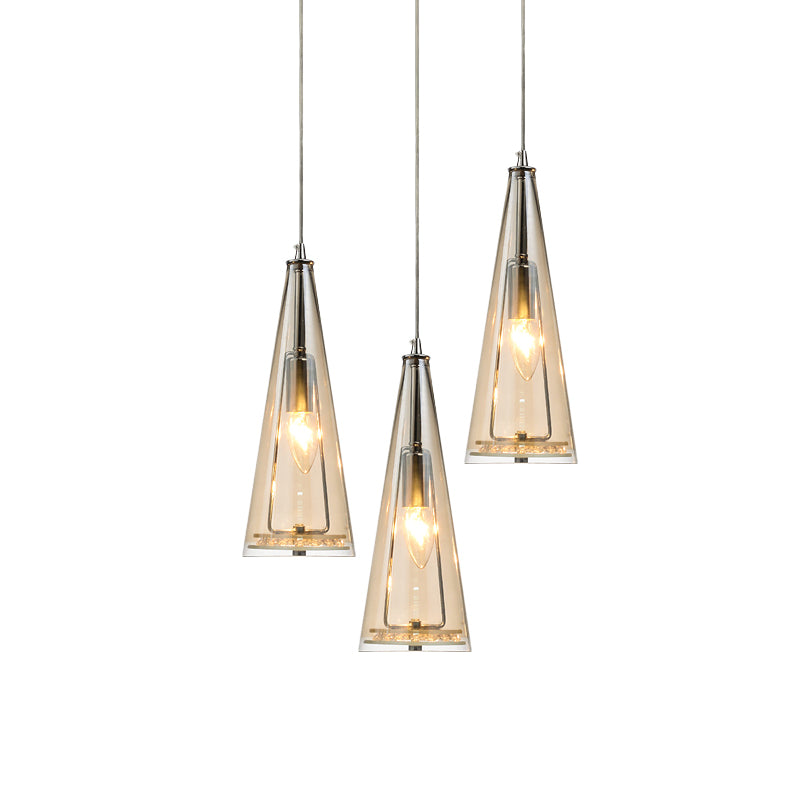 Modern Cone Pendant Lamp Blue/Amber/Clear Glass 3 Lights Hanging Ceiling Light in Chrome with Round/Linear Canopy Clearhalo 'Ceiling Lights' 'Glass shade' 'Glass' 'Modern Pendants' 'Modern' 'Pendant Lights' 'Pendants' Lighting' 771273