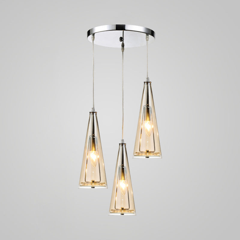 Modern Cone Pendant Lamp Blue/Amber/Clear Glass 3 Lights Hanging Ceiling Light in Chrome with Round/Linear Canopy Clearhalo 'Ceiling Lights' 'Glass shade' 'Glass' 'Modern Pendants' 'Modern' 'Pendant Lights' 'Pendants' Lighting' 771274