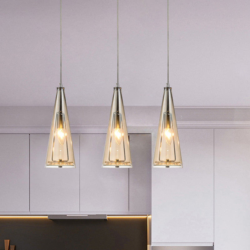 Modern Cone Pendant Lamp Blue/Amber/Clear Glass 3 Lights Hanging Ceiling Light in Chrome with Round/Linear Canopy Amber Linear Clearhalo 'Ceiling Lights' 'Glass shade' 'Glass' 'Modern Pendants' 'Modern' 'Pendant Lights' 'Pendants' Lighting' 771275