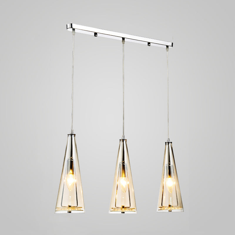 Modern Cone Pendant Lamp Blue/Amber/Clear Glass 3 Lights Hanging Ceiling Light in Chrome with Round/Linear Canopy Clearhalo 'Ceiling Lights' 'Glass shade' 'Glass' 'Modern Pendants' 'Modern' 'Pendant Lights' 'Pendants' Lighting' 771278