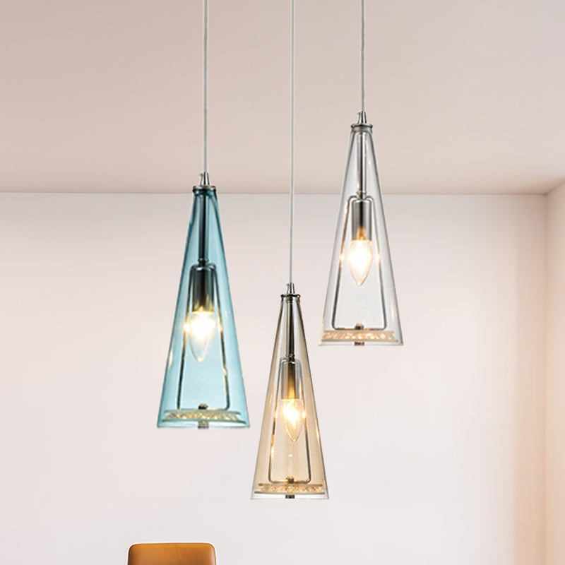 Modern Cone Pendant Lamp Blue/Amber/Clear Glass 3 Lights Hanging Ceiling Light in Chrome with Round/Linear Canopy Blue-Amber-Clear Round Clearhalo 'Ceiling Lights' 'Glass shade' 'Glass' 'Modern Pendants' 'Modern' 'Pendant Lights' 'Pendants' Lighting' 771279