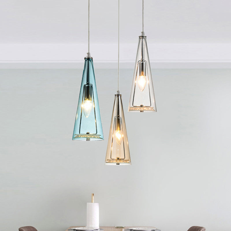 Modern Cone Pendant Lamp Blue/Amber/Clear Glass 3 Lights Hanging Ceiling Light in Chrome with Round/Linear Canopy Clearhalo 'Ceiling Lights' 'Glass shade' 'Glass' 'Modern Pendants' 'Modern' 'Pendant Lights' 'Pendants' Lighting' 771280