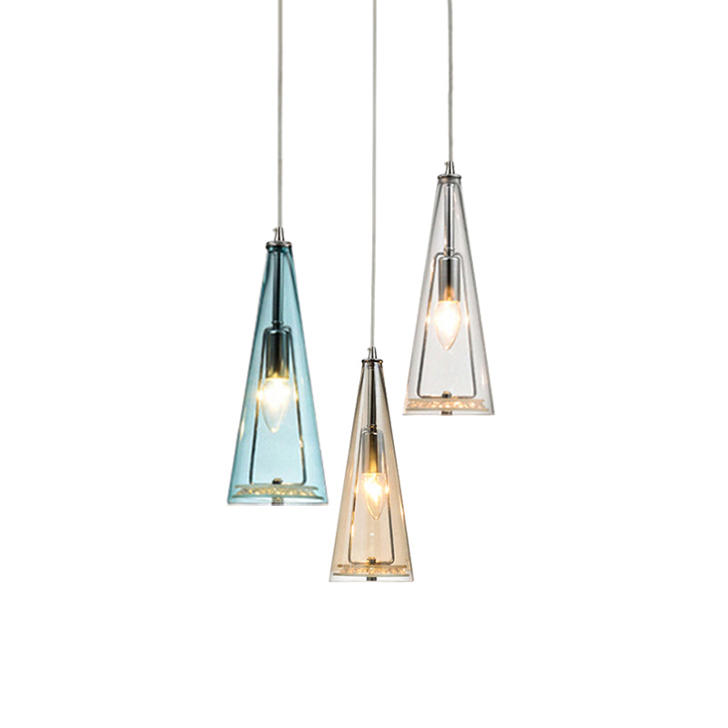 Modern Cone Pendant Lamp Blue/Amber/Clear Glass 3 Lights Hanging Ceiling Light in Chrome with Round/Linear Canopy Clearhalo 'Ceiling Lights' 'Glass shade' 'Glass' 'Modern Pendants' 'Modern' 'Pendant Lights' 'Pendants' Lighting' 771281