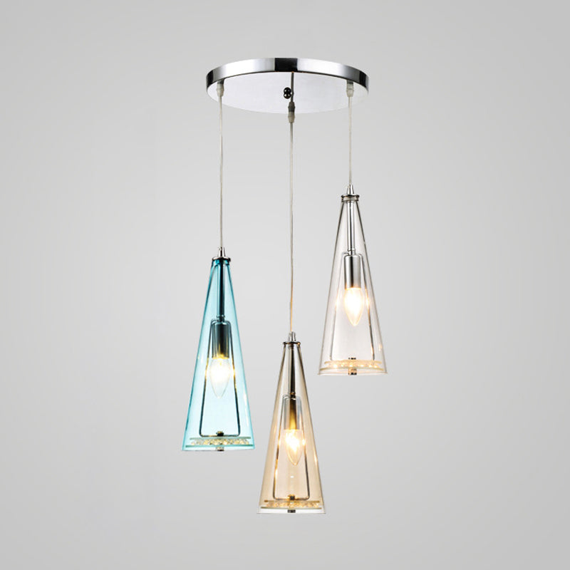 Modern Cone Pendant Lamp Blue/Amber/Clear Glass 3 Lights Hanging Ceiling Light in Chrome with Round/Linear Canopy Clearhalo 'Ceiling Lights' 'Glass shade' 'Glass' 'Modern Pendants' 'Modern' 'Pendant Lights' 'Pendants' Lighting' 771282