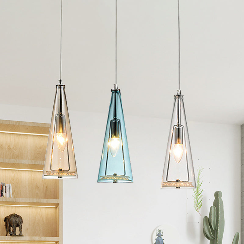 Modern Cone Pendant Lamp Blue/Amber/Clear Glass 3 Lights Hanging Ceiling Light in Chrome with Round/Linear Canopy Blue-Amber-Clear Linear Clearhalo 'Ceiling Lights' 'Glass shade' 'Glass' 'Modern Pendants' 'Modern' 'Pendant Lights' 'Pendants' Lighting' 771283