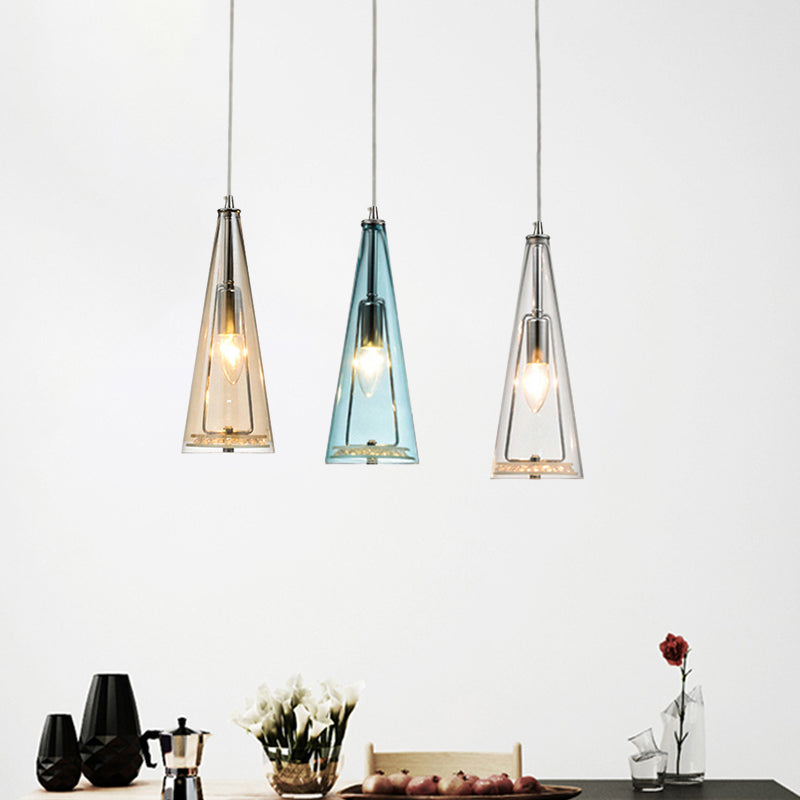 Modern Cone Pendant Lamp Blue/Amber/Clear Glass 3 Lights Hanging Ceiling Light in Chrome with Round/Linear Canopy Clearhalo 'Ceiling Lights' 'Glass shade' 'Glass' 'Modern Pendants' 'Modern' 'Pendant Lights' 'Pendants' Lighting' 771284