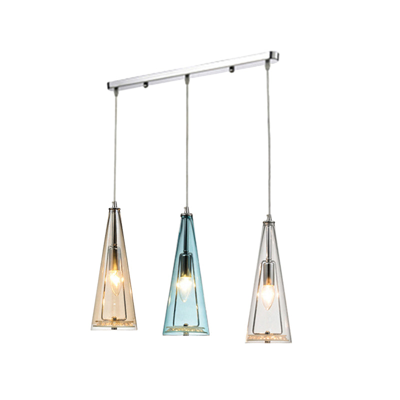 Modern Cone Pendant Lamp Blue/Amber/Clear Glass 3 Lights Hanging Ceiling Light in Chrome with Round/Linear Canopy Clearhalo 'Ceiling Lights' 'Glass shade' 'Glass' 'Modern Pendants' 'Modern' 'Pendant Lights' 'Pendants' Lighting' 771285