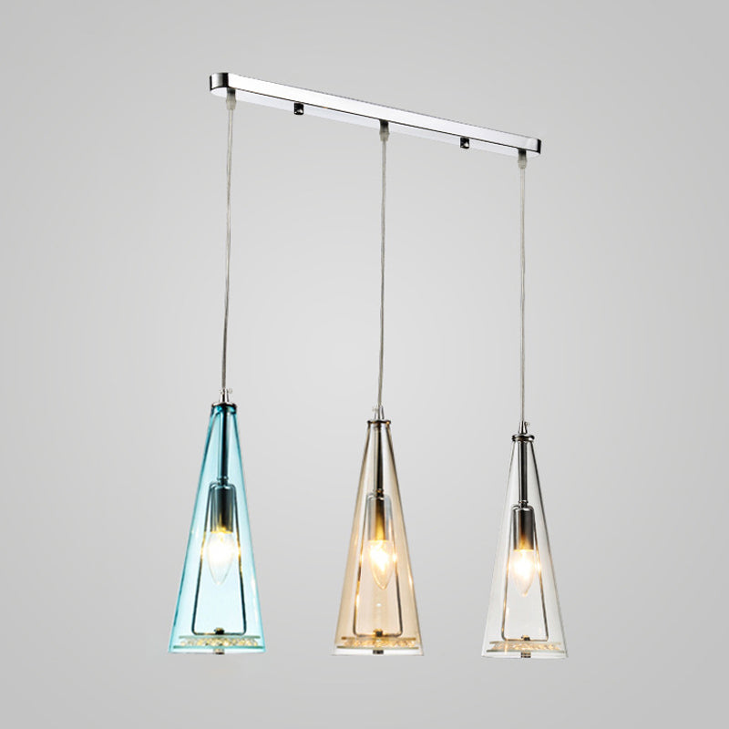 Modern Cone Pendant Lamp Blue/Amber/Clear Glass 3 Lights Hanging Ceiling Light in Chrome with Round/Linear Canopy Clearhalo 'Ceiling Lights' 'Glass shade' 'Glass' 'Modern Pendants' 'Modern' 'Pendant Lights' 'Pendants' Lighting' 771286