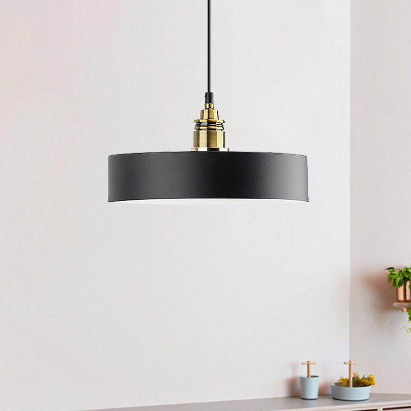 Monochrome Round Shade Hanging Light 1 Light Modern Aluminum Pendant Light for Study Room Black 12" Clearhalo 'Ceiling Lights' 'Modern Pendants' 'Modern' 'Pendant Lights' 'Pendants' Lighting' 771429