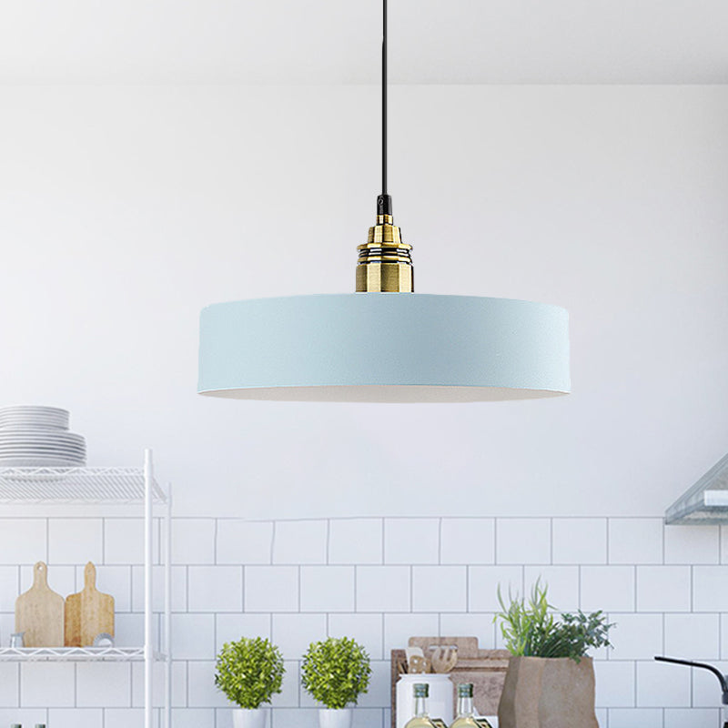 5"/12" Wide One Bulb Round Pendant Lamp Macaron Loft Metal Pendant Lighting with Brass Socket for Corridor Light Blue 12" Clearhalo 'Ceiling Lights' 'Modern Pendants' 'Modern' 'Pendant Lights' 'Pendants' Lighting' 771450