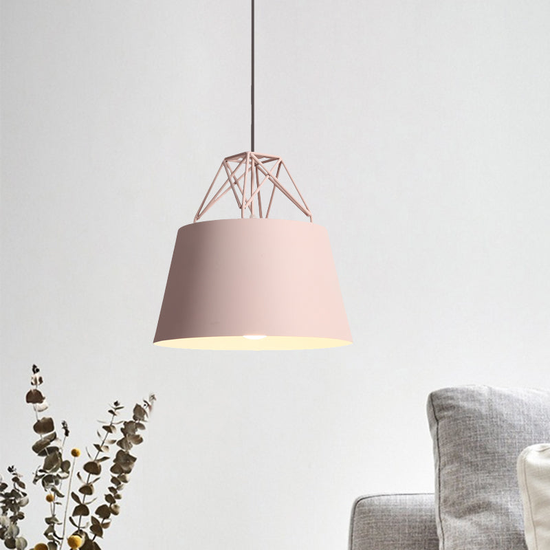 Metallic Bucket Shade Pendant Light Restaurant Cage 1 Head Macaron Style Hanging Lamp with Iron Wire Clearhalo 'Ceiling Lights' 'Modern Pendants' 'Modern' 'Pendant Lights' 'Pendants' Lighting' 771468