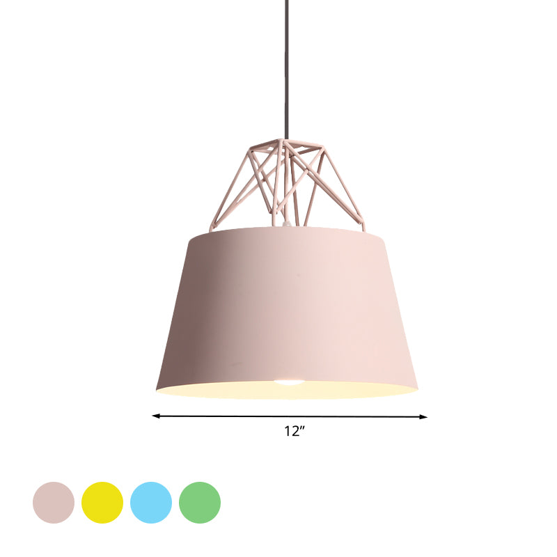 Metallic Bucket Shade Pendant Light Restaurant Cage 1 Head Macaron Style Hanging Lamp with Iron Wire Clearhalo 'Ceiling Lights' 'Modern Pendants' 'Modern' 'Pendant Lights' 'Pendants' Lighting' 771471