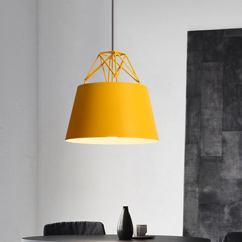 Metallic Bucket Shade Pendant Light Restaurant Cage 1 Head Macaron Style Hanging Lamp with Iron Wire Yellow Clearhalo 'Ceiling Lights' 'Modern Pendants' 'Modern' 'Pendant Lights' 'Pendants' Lighting' 771472