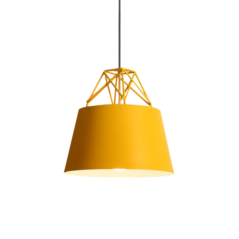 Metallic Bucket Shade Pendant Light Restaurant Cage 1 Head Macaron Style Hanging Lamp with Iron Wire Clearhalo 'Ceiling Lights' 'Modern Pendants' 'Modern' 'Pendant Lights' 'Pendants' Lighting' 771474