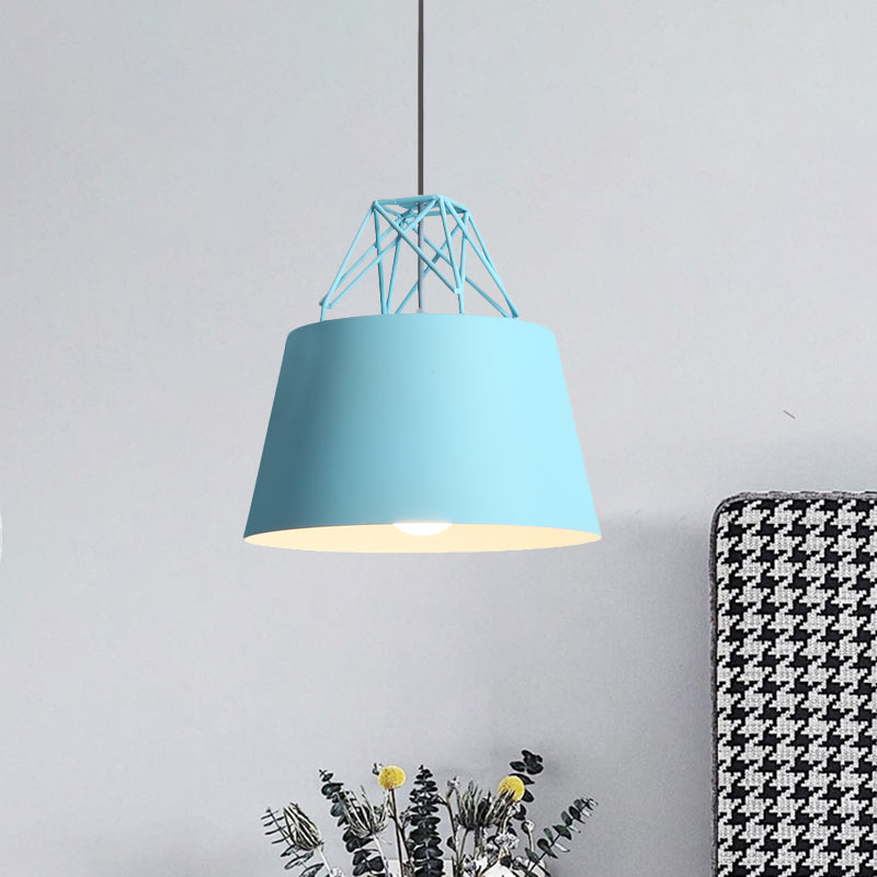 Metallic Bucket Shade Pendant Light Restaurant Cage 1 Head Macaron Style Hanging Lamp with Iron Wire Blue Clearhalo 'Ceiling Lights' 'Modern Pendants' 'Modern' 'Pendant Lights' 'Pendants' Lighting' 771475