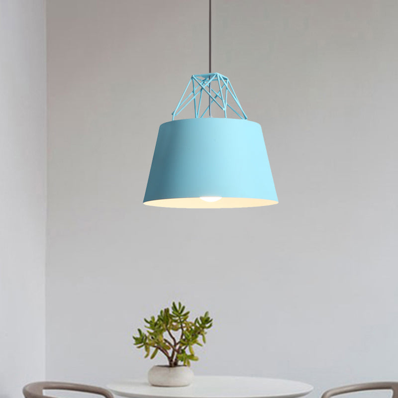 Metallic Bucket Shade Pendant Light Restaurant Cage 1 Head Macaron Style Hanging Lamp with Iron Wire Clearhalo 'Ceiling Lights' 'Modern Pendants' 'Modern' 'Pendant Lights' 'Pendants' Lighting' 771476