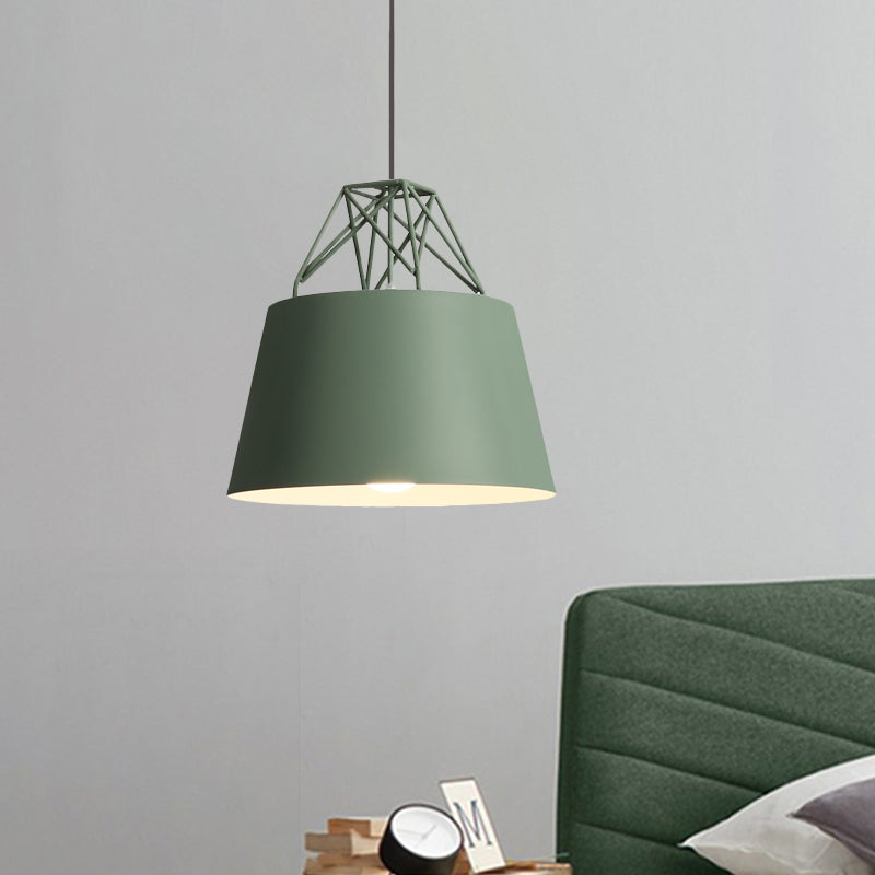 Metallic Bucket Shade Pendant Light Restaurant Cage 1 Head Macaron Style Hanging Lamp with Iron Wire Green Clearhalo 'Ceiling Lights' 'Modern Pendants' 'Modern' 'Pendant Lights' 'Pendants' Lighting' 771478