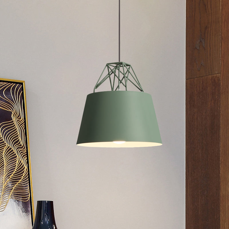 Metallic Bucket Shade Pendant Light Restaurant Cage 1 Head Macaron Style Hanging Lamp with Iron Wire Clearhalo 'Ceiling Lights' 'Modern Pendants' 'Modern' 'Pendant Lights' 'Pendants' Lighting' 771479