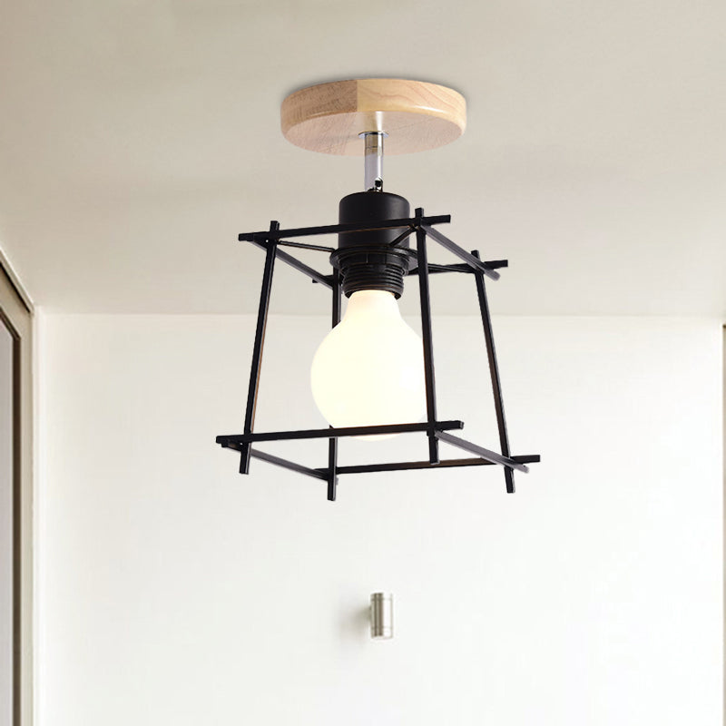 5"/6"/12" Wide Iron Wire Frame Flush Mount Light for Porch Rotatable 1 Head Contemporary Ceiling Light Black 5" Clearhalo 'Ceiling Lights' 'Close To Ceiling Lights' 'Close to ceiling' 'Semi-flushmount' Lighting' 771562