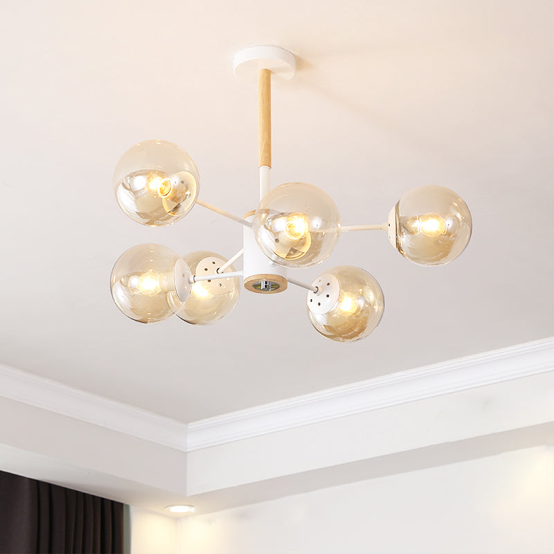 White/Blue/Amber Glass Spherical Shade Pendant Chandelier Post Modern 6/8/9 Light White Hanging Lamp 6 Amber Clearhalo 'Ceiling Lights' 'Chandeliers' 'Glass shade' 'Glass' 'Modern Chandeliers' 'Modern' Lighting' 772196