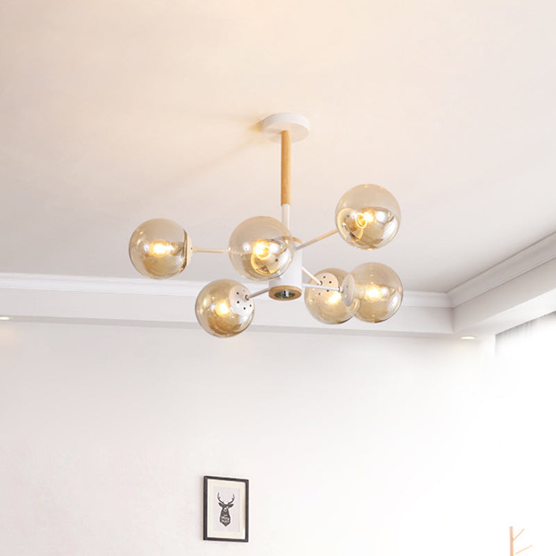 White/Blue/Amber Glass Spherical Shade Pendant Chandelier Post Modern 6/8/9 Light White Hanging Lamp Clearhalo 'Ceiling Lights' 'Chandeliers' 'Glass shade' 'Glass' 'Modern Chandeliers' 'Modern' Lighting' 772197