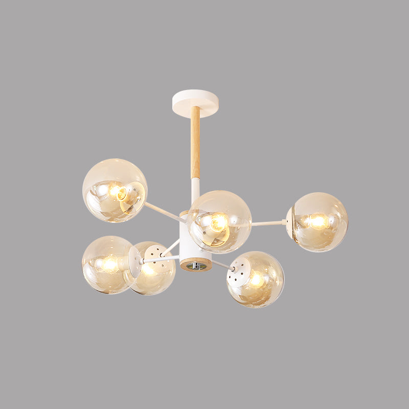 White/Blue/Amber Glass Spherical Shade Pendant Chandelier Post Modern 6/8/9 Light White Hanging Lamp Clearhalo 'Ceiling Lights' 'Chandeliers' 'Glass shade' 'Glass' 'Modern Chandeliers' 'Modern' Lighting' 772199