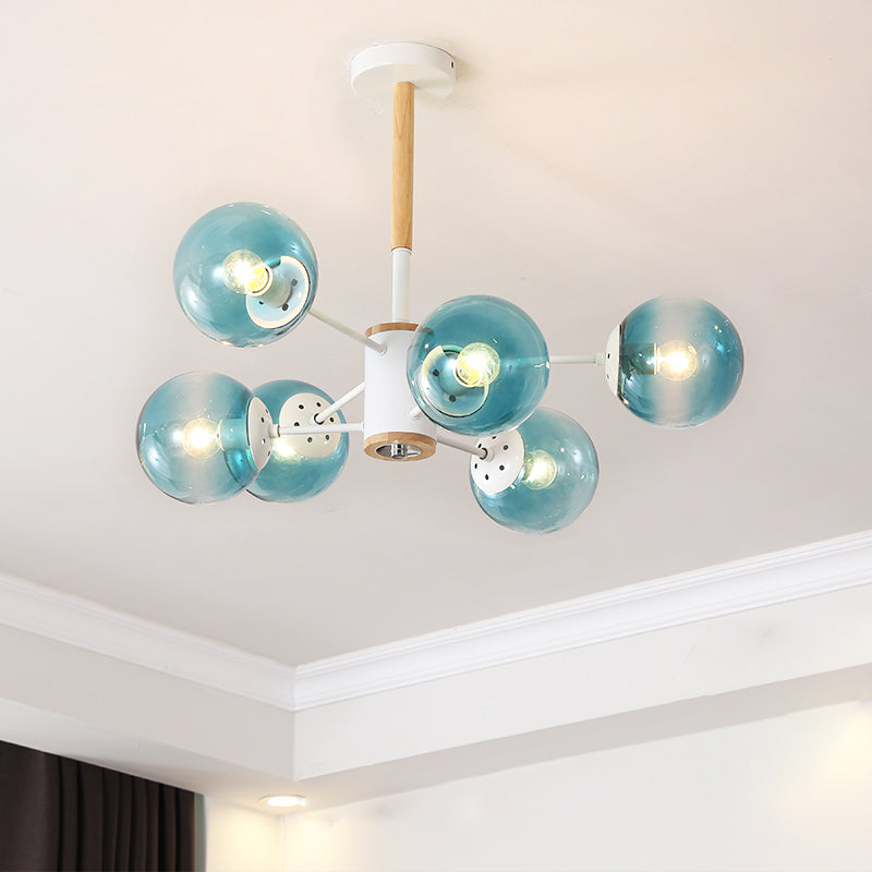 White/Blue/Amber Glass Spherical Shade Pendant Chandelier Post Modern 6/8/9 Light White Hanging Lamp 6 Blue Clearhalo 'Ceiling Lights' 'Chandeliers' 'Glass shade' 'Glass' 'Modern Chandeliers' 'Modern' Lighting' 772201