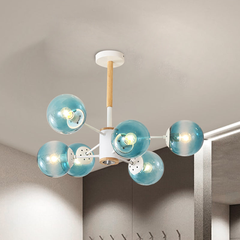 White/Blue/Amber Glass Spherical Shade Pendant Chandelier Post Modern 6/8/9 Light White Hanging Lamp Clearhalo 'Ceiling Lights' 'Chandeliers' 'Glass shade' 'Glass' 'Modern Chandeliers' 'Modern' Lighting' 772202