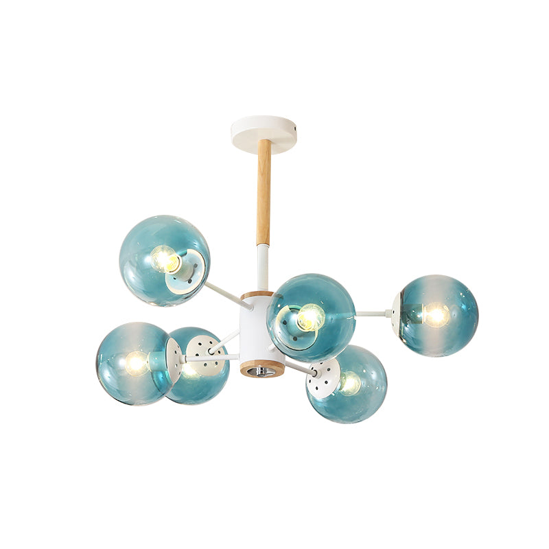 White/Blue/Amber Glass Spherical Shade Pendant Chandelier Post Modern 6/8/9 Light White Hanging Lamp Clearhalo 'Ceiling Lights' 'Chandeliers' 'Glass shade' 'Glass' 'Modern Chandeliers' 'Modern' Lighting' 772203