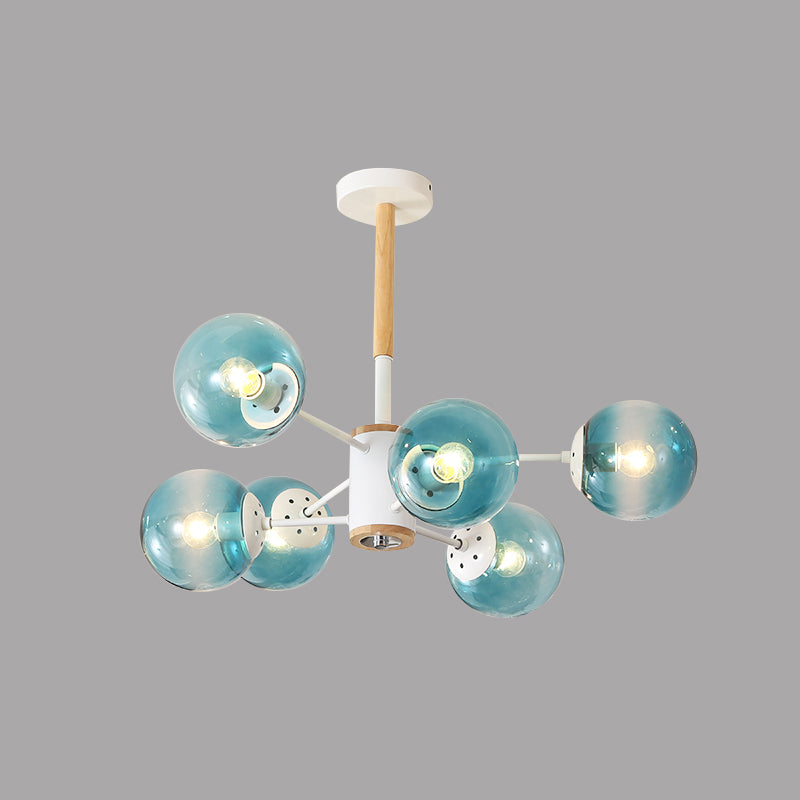 White/Blue/Amber Glass Spherical Shade Pendant Chandelier Post Modern 6/8/9 Light White Hanging Lamp Clearhalo 'Ceiling Lights' 'Chandeliers' 'Glass shade' 'Glass' 'Modern Chandeliers' 'Modern' Lighting' 772204