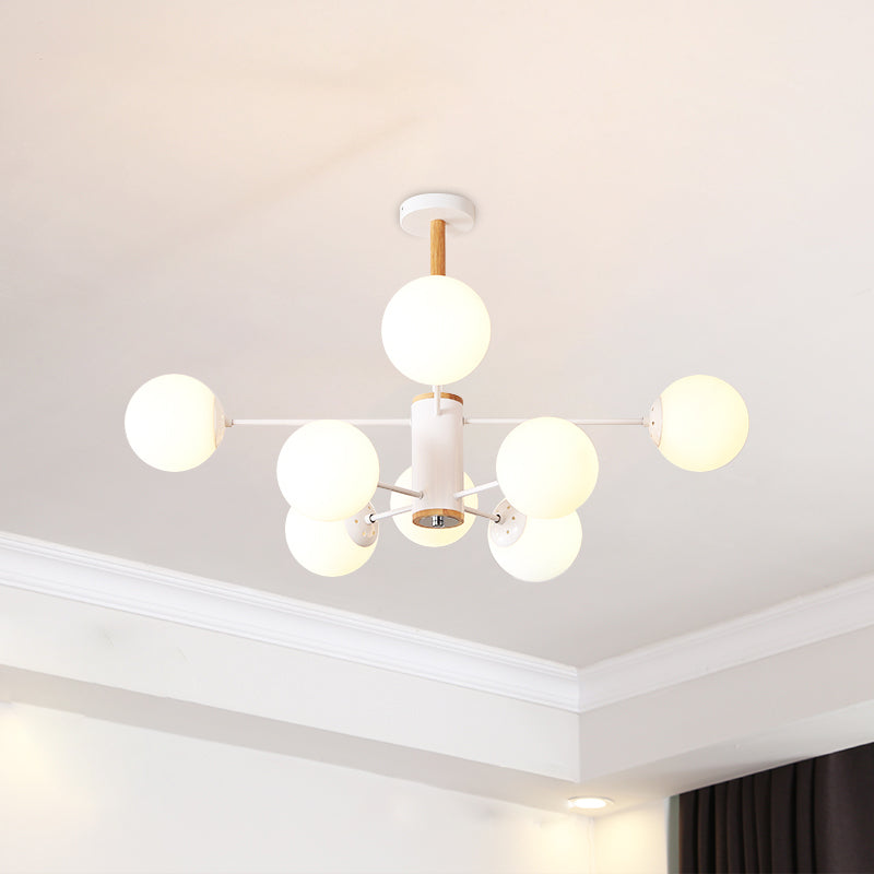 White/Blue/Amber Glass Spherical Shade Pendant Chandelier Post Modern 6/8/9 Light White Hanging Lamp 8 White Clearhalo 'Ceiling Lights' 'Chandeliers' 'Glass shade' 'Glass' 'Modern Chandeliers' 'Modern' Lighting' 772205