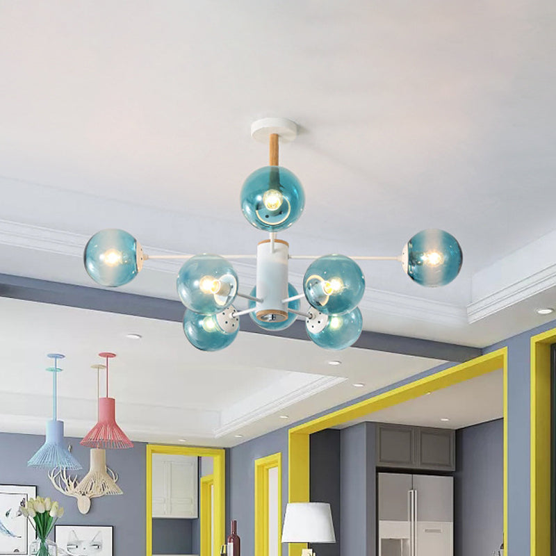 White/Blue/Amber Glass Spherical Shade Pendant Chandelier Post Modern 6/8/9 Light White Hanging Lamp Clearhalo 'Ceiling Lights' 'Chandeliers' 'Glass shade' 'Glass' 'Modern Chandeliers' 'Modern' Lighting' 772211