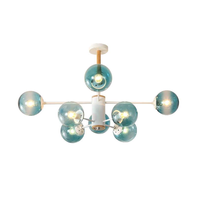 White/Blue/Amber Glass Spherical Shade Pendant Chandelier Post Modern 6/8/9 Light White Hanging Lamp Clearhalo 'Ceiling Lights' 'Chandeliers' 'Glass shade' 'Glass' 'Modern Chandeliers' 'Modern' Lighting' 772212