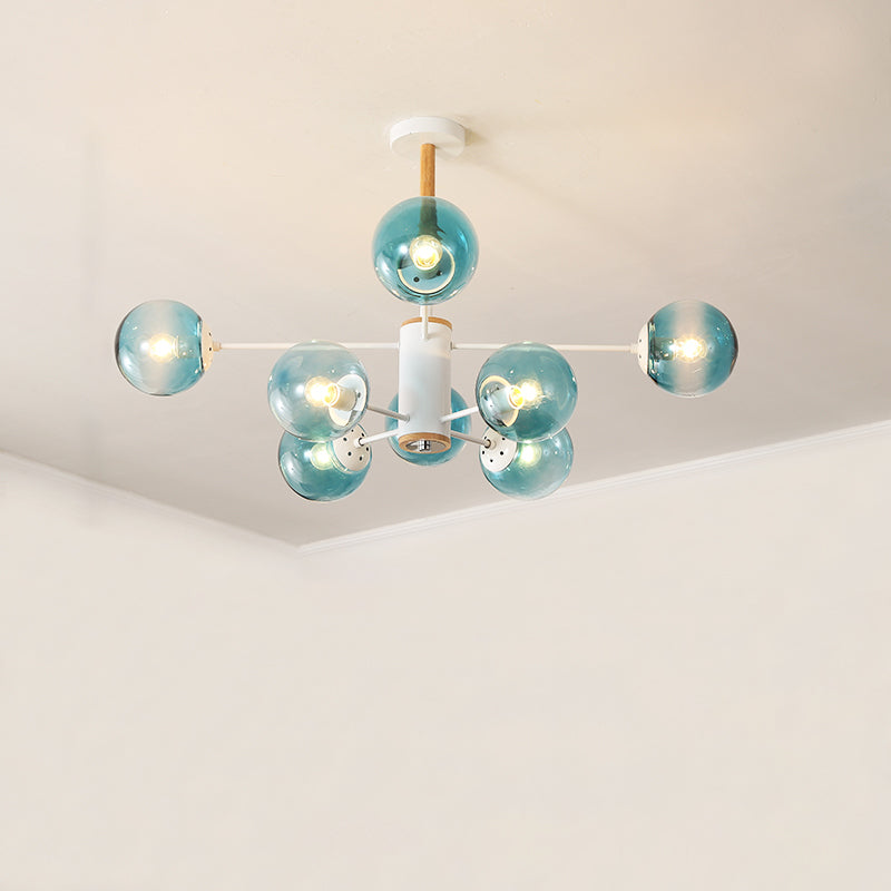 White/Blue/Amber Glass Spherical Shade Pendant Chandelier Post Modern 6/8/9 Light White Hanging Lamp Clearhalo 'Ceiling Lights' 'Chandeliers' 'Glass shade' 'Glass' 'Modern Chandeliers' 'Modern' Lighting' 772213