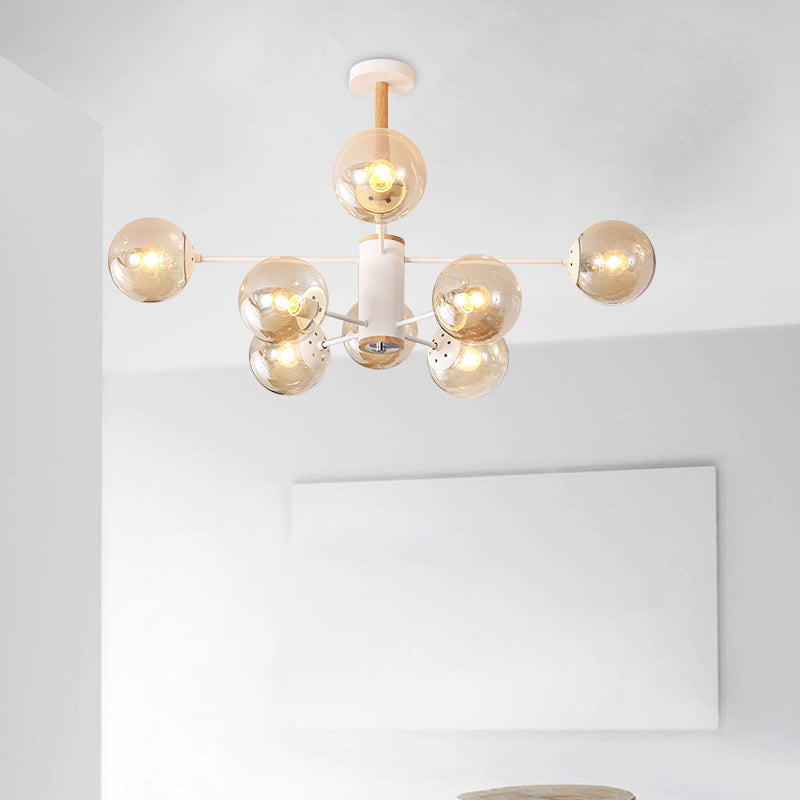 White/Blue/Amber Glass Spherical Shade Pendant Chandelier Post Modern 6/8/9 Light White Hanging Lamp 8 Amber Clearhalo 'Ceiling Lights' 'Chandeliers' 'Glass shade' 'Glass' 'Modern Chandeliers' 'Modern' Lighting' 772214