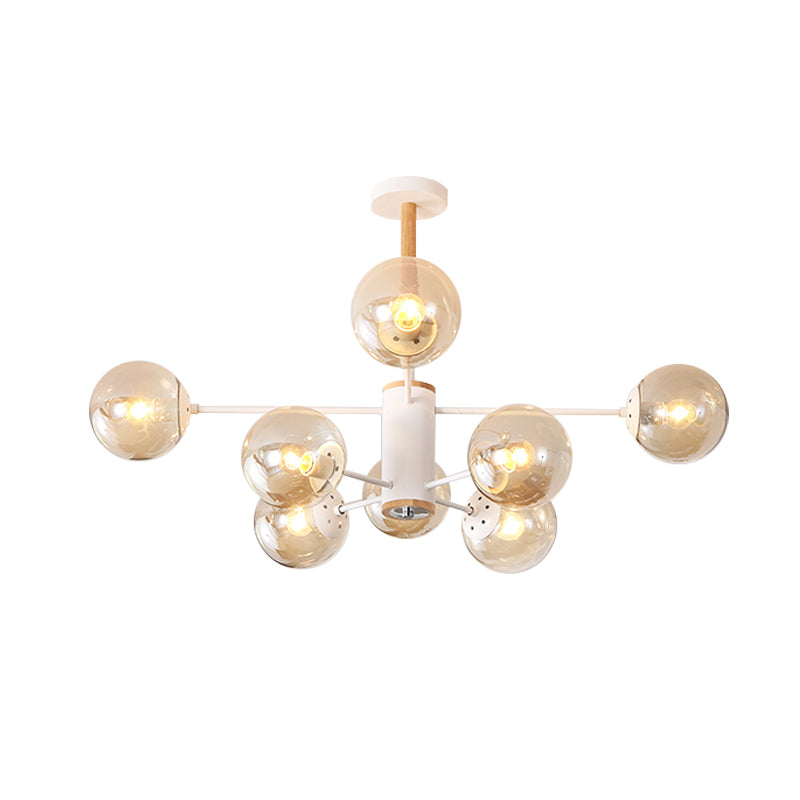 White/Blue/Amber Glass Spherical Shade Pendant Chandelier Post Modern 6/8/9 Light White Hanging Lamp Clearhalo 'Ceiling Lights' 'Chandeliers' 'Glass shade' 'Glass' 'Modern Chandeliers' 'Modern' Lighting' 772216