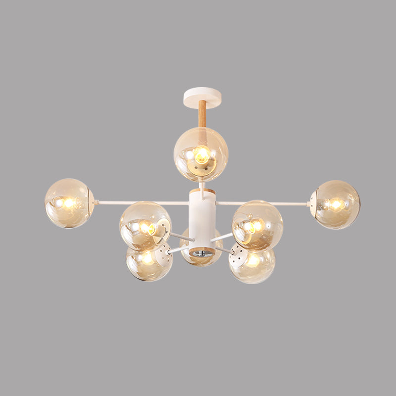 White/Blue/Amber Glass Spherical Shade Pendant Chandelier Post Modern 6/8/9 Light White Hanging Lamp Clearhalo 'Ceiling Lights' 'Chandeliers' 'Glass shade' 'Glass' 'Modern Chandeliers' 'Modern' Lighting' 772217