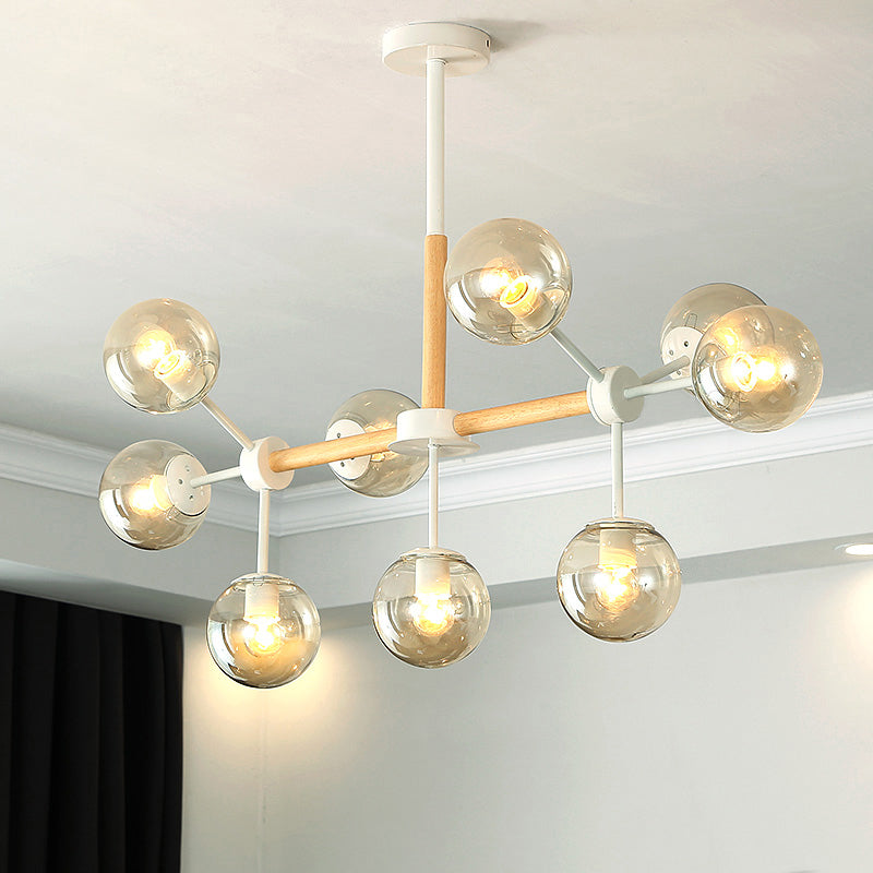 White/Blue/Amber Glass Spherical Shade Pendant Chandelier Post Modern 6/8/9 Light White Hanging Lamp 9 Amber Clearhalo 'Ceiling Lights' 'Chandeliers' 'Glass shade' 'Glass' 'Modern Chandeliers' 'Modern' Lighting' 772218