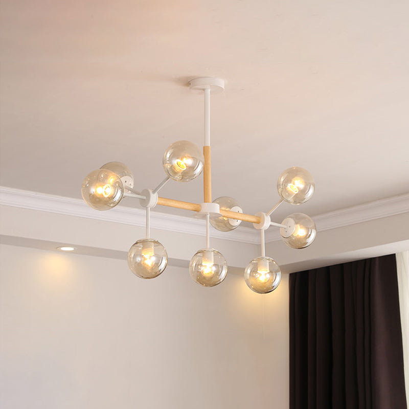 White/Blue/Amber Glass Spherical Shade Pendant Chandelier Post Modern 6/8/9 Light White Hanging Lamp Clearhalo 'Ceiling Lights' 'Chandeliers' 'Glass shade' 'Glass' 'Modern Chandeliers' 'Modern' Lighting' 772220