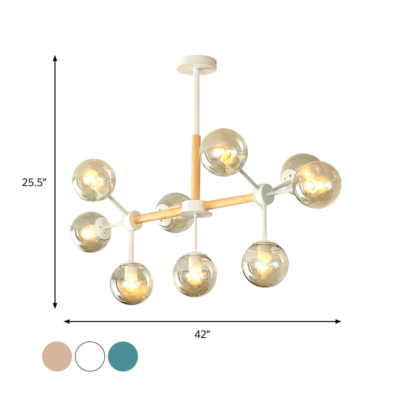 White/Blue/Amber Glass Spherical Shade Pendant Chandelier Post Modern 6/8/9 Light White Hanging Lamp Clearhalo 'Ceiling Lights' 'Chandeliers' 'Glass shade' 'Glass' 'Modern Chandeliers' 'Modern' Lighting' 772222