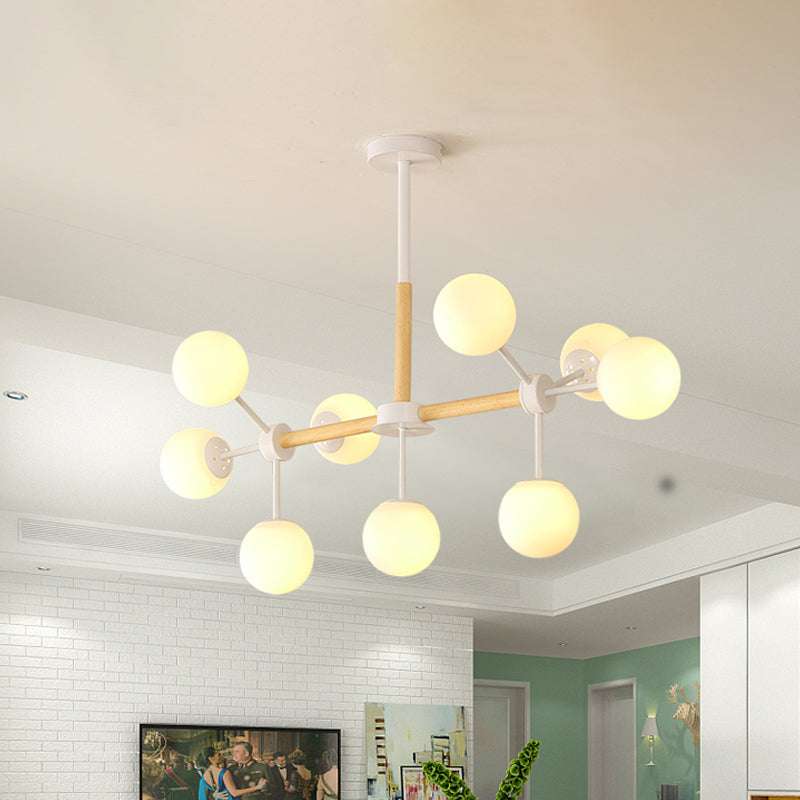 White/Blue/Amber Glass Spherical Shade Pendant Chandelier Post Modern 6/8/9 Light White Hanging Lamp Clearhalo 'Ceiling Lights' 'Chandeliers' 'Glass shade' 'Glass' 'Modern Chandeliers' 'Modern' Lighting' 772224