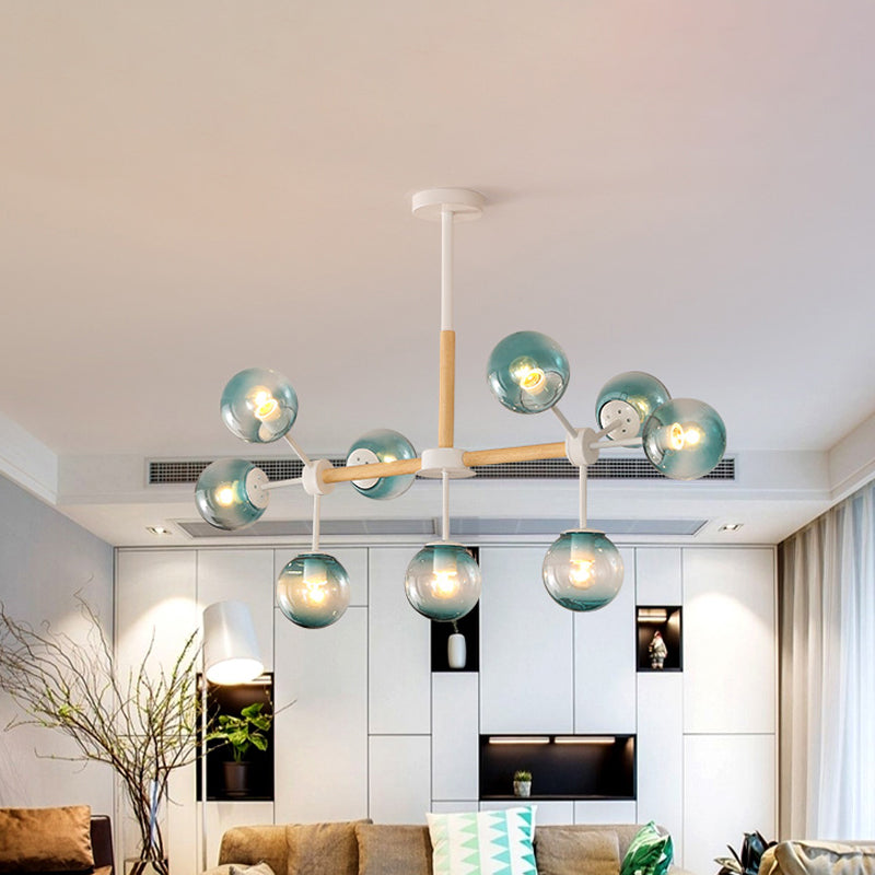 White/Blue/Amber Glass Spherical Shade Pendant Chandelier Post Modern 6/8/9 Light White Hanging Lamp 9 Blue Clearhalo 'Ceiling Lights' 'Chandeliers' 'Glass shade' 'Glass' 'Modern Chandeliers' 'Modern' Lighting' 772227