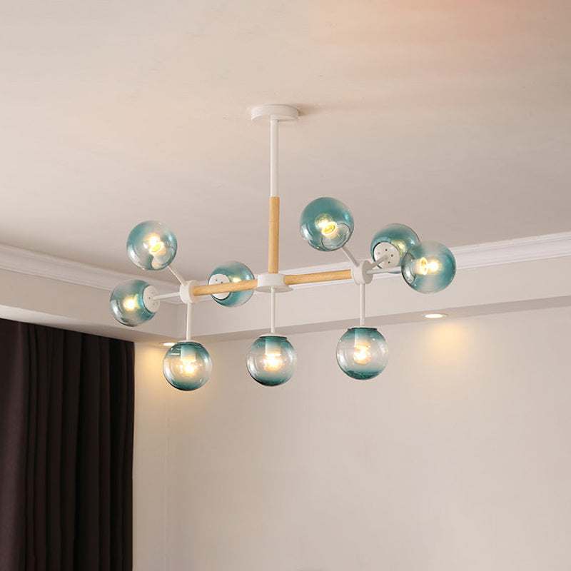 White/Blue/Amber Glass Spherical Shade Pendant Chandelier Post Modern 6/8/9 Light White Hanging Lamp Clearhalo 'Ceiling Lights' 'Chandeliers' 'Glass shade' 'Glass' 'Modern Chandeliers' 'Modern' Lighting' 772228