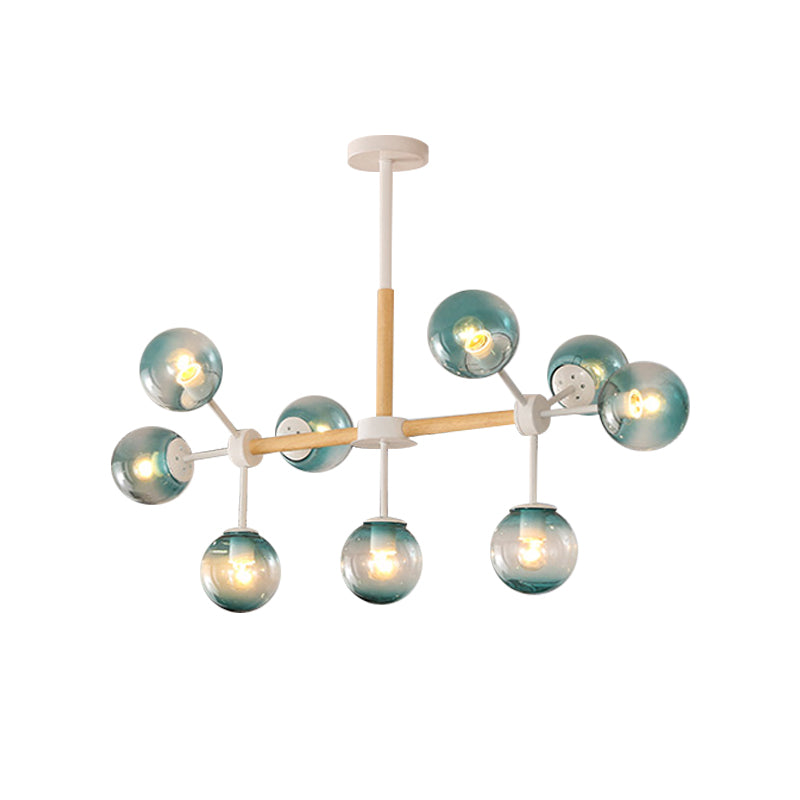 White/Blue/Amber Glass Spherical Shade Pendant Chandelier Post Modern 6/8/9 Light White Hanging Lamp Clearhalo 'Ceiling Lights' 'Chandeliers' 'Glass shade' 'Glass' 'Modern Chandeliers' 'Modern' Lighting' 772229